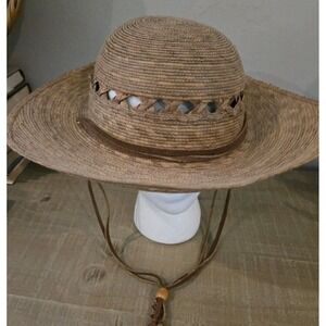 Tula Hat Laurel Lattice Woven Straw Sun Gardening Suede Chin Strap Wide Brim